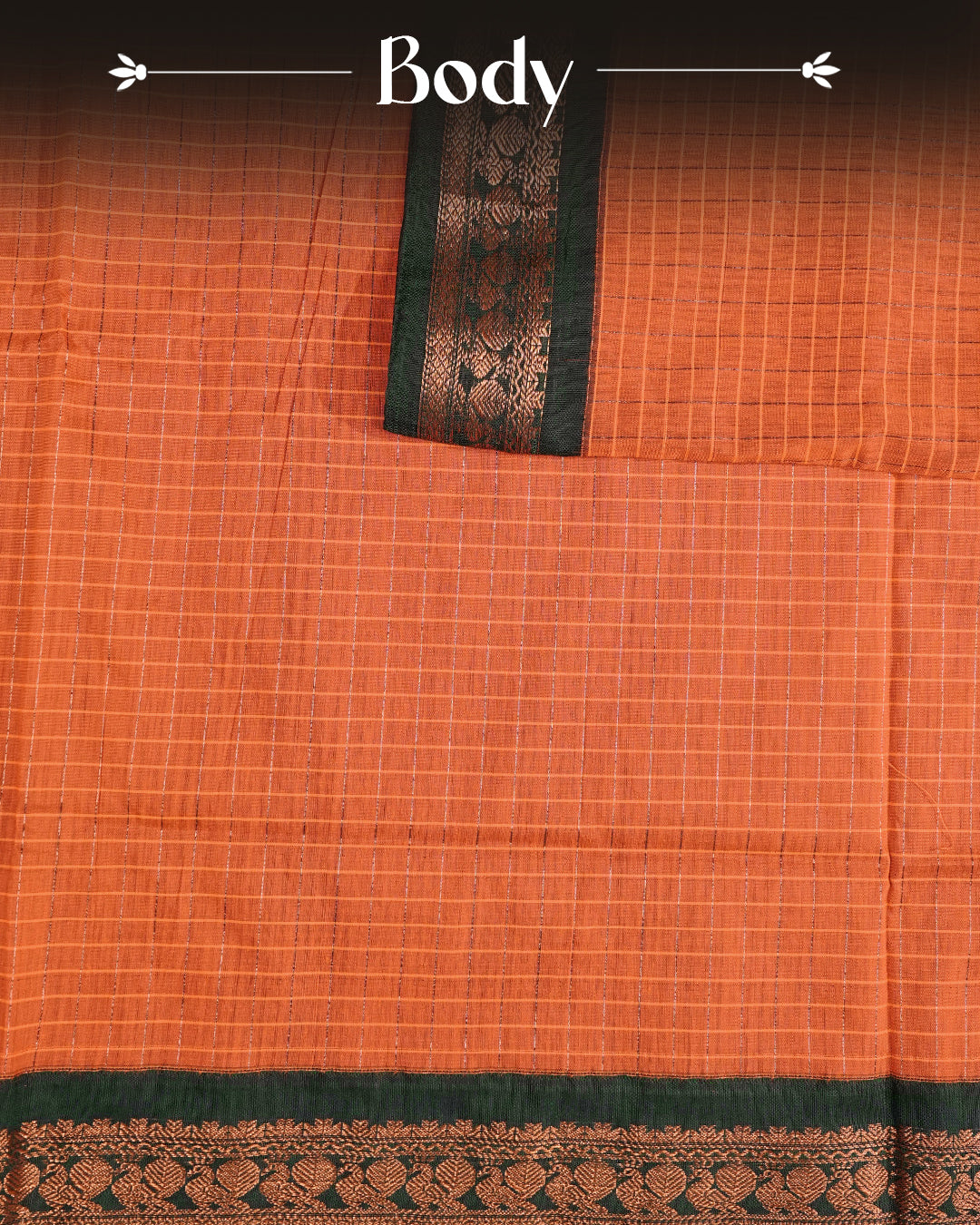 Orange colour kalyani cotton saree featuring Copper zari check pattern on body, complemented by Green colour with Antique zari border, paired with matching blouse piece