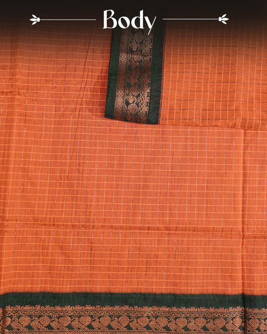 Orange colour kalyani cotton saree featuring Copper zari check pattern on body, complemented by Green colour with Antique zari border, paired with matching blouse piece