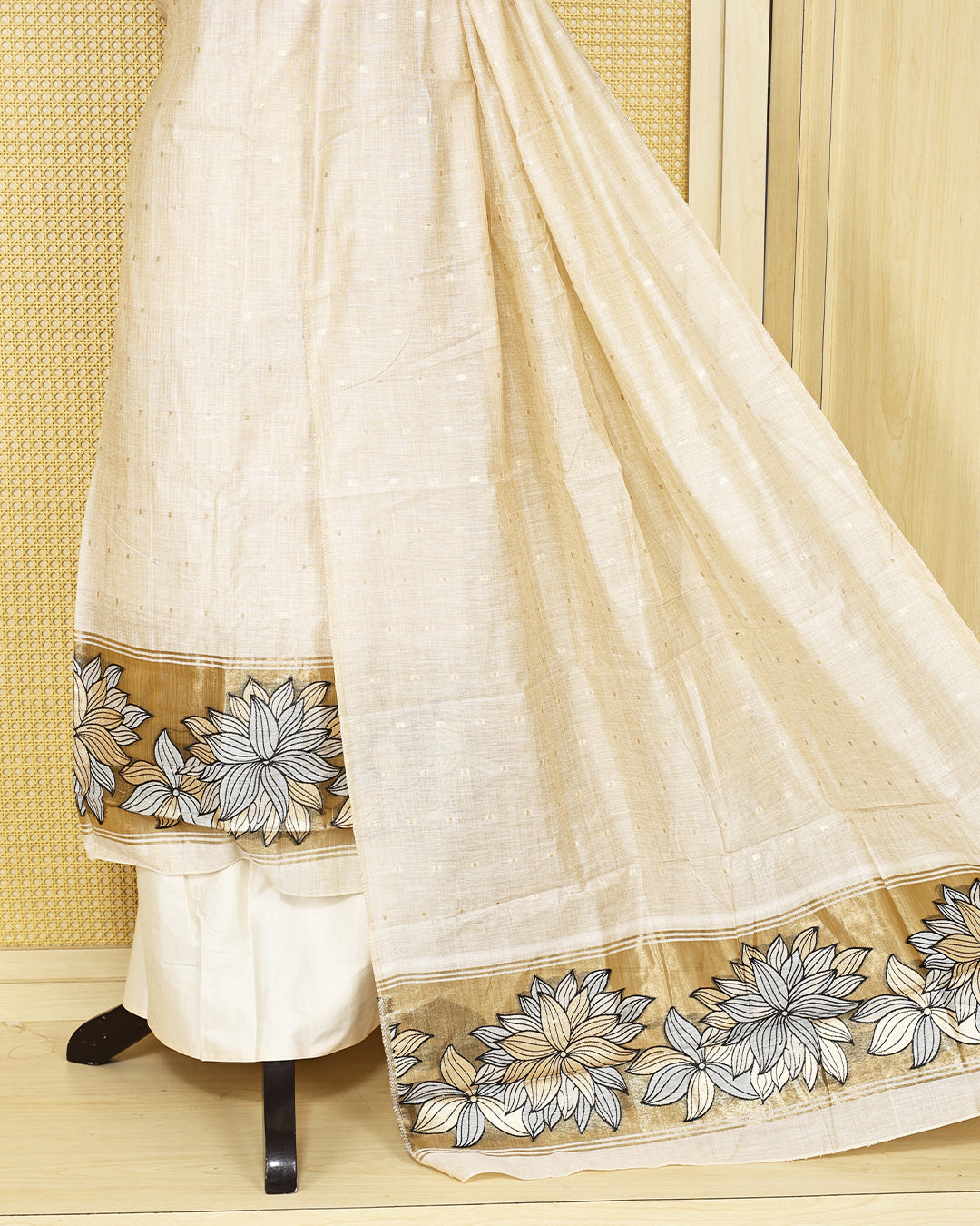 Beige colour  mul chanderi Salwar Material with subtle woven detailing, matching bottom, and floral border dupatta.