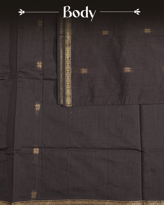 Dark Brown colour kalyani cotton saree featuring gold zari Floral pattern on body, complemented by Black colour with Stripes & Floral Gold zari border, paired with matching blouse piece