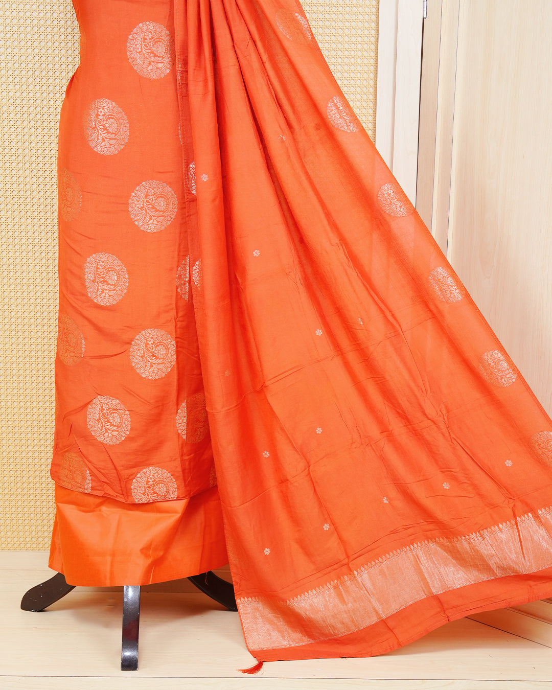 Rust orange colour Banaras salwar material Featuring Gold & silver Zari Floral motifs on body, paired with matching bottom & Elegant Dupatta