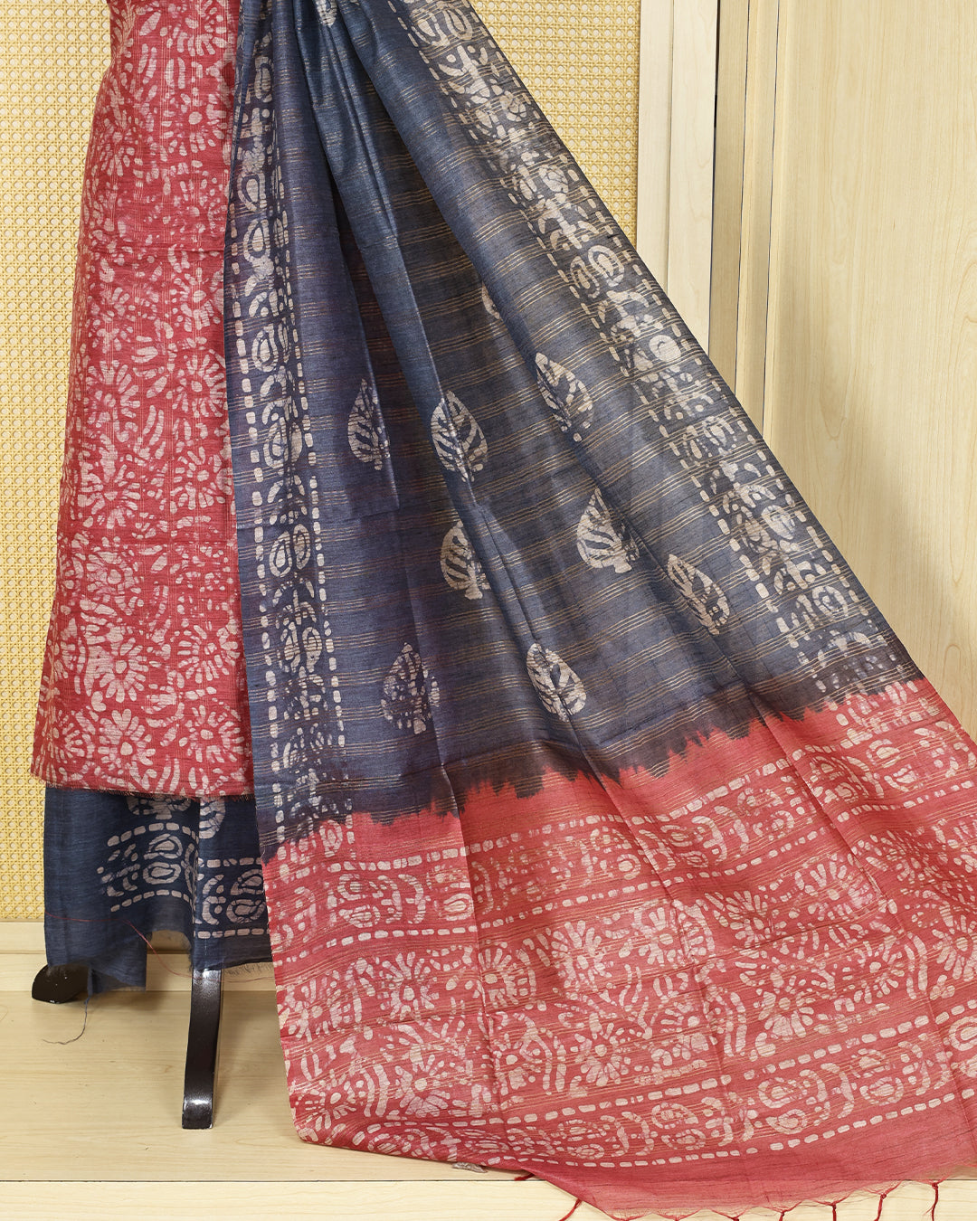Light Red colour with Batik Printed chanderi Salwar Material paired with a deep Slate Blue printed bottom and a stunning contrast dupatta featuring elegant leaf motifs on borders