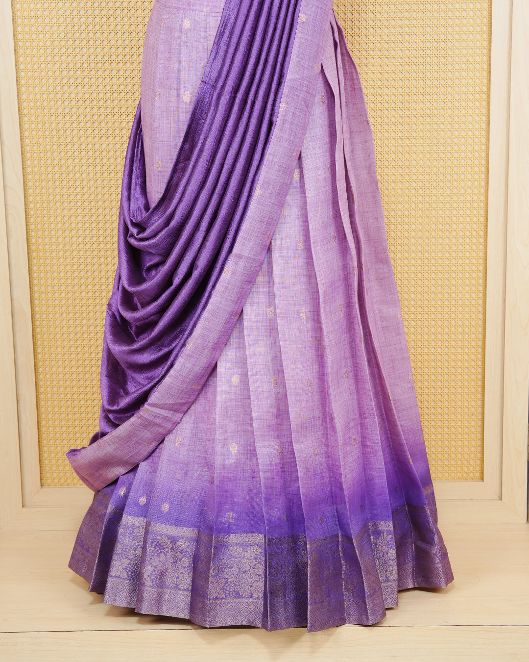 Lilac & royal purple colour Linen Silk Semi stitched dhavani set featuring buttas, zari bordered skirt & blouse piece and dupatta.