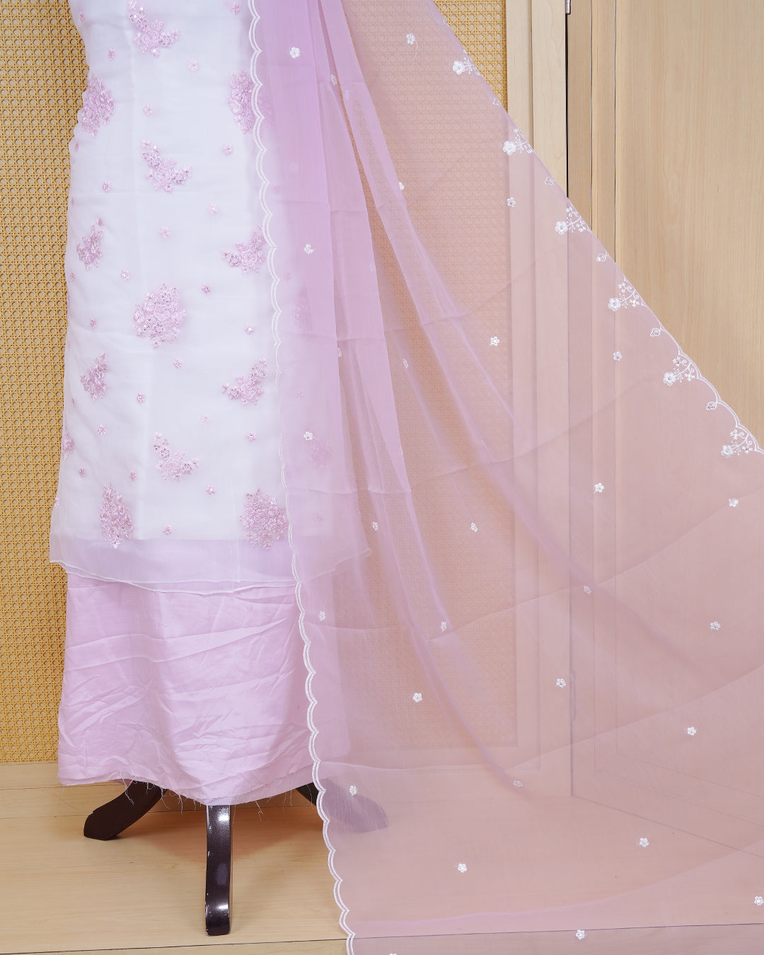 White Colour Organza Salwar Material Featuring Lavender Thread Work with sequins on body, Paired With Matching Bottom & Elegant Dupatta