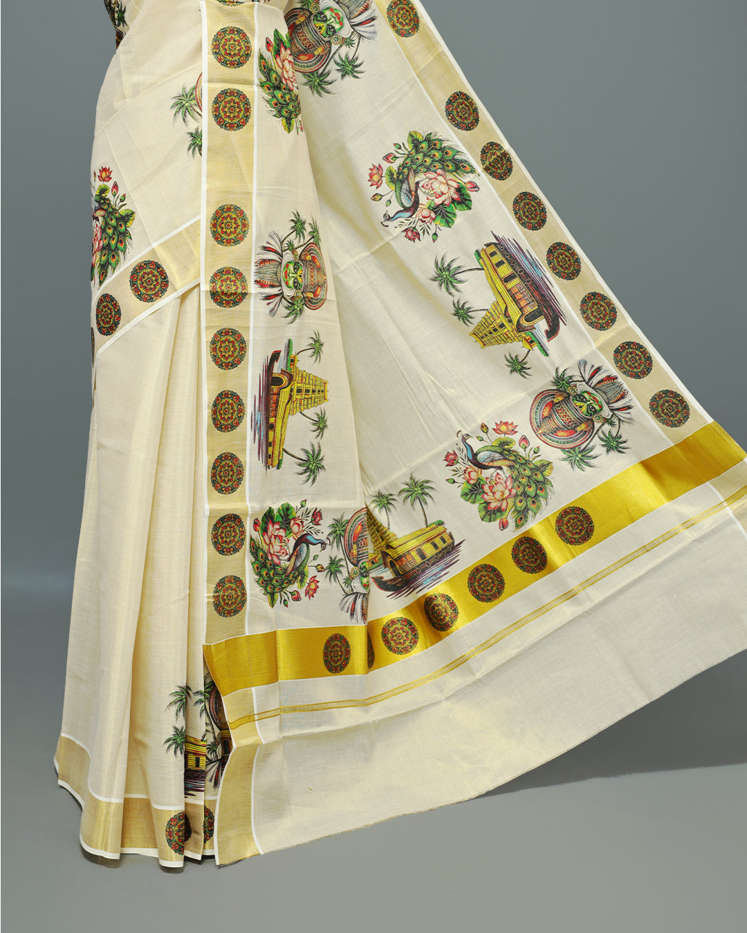Cream colour Tissue Kerala saree Featuring An Elegant body, complemented by a classic gold zari with Indian Art form print on border, matching blouse piece.