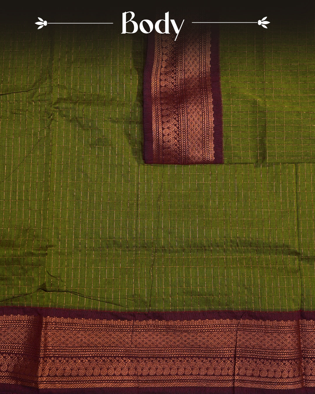 Green colour kalyani cotton saree featuring gold zari check pattern on body, complemented by Maroon colour with Antique zari border, paired with matching blouse piece
