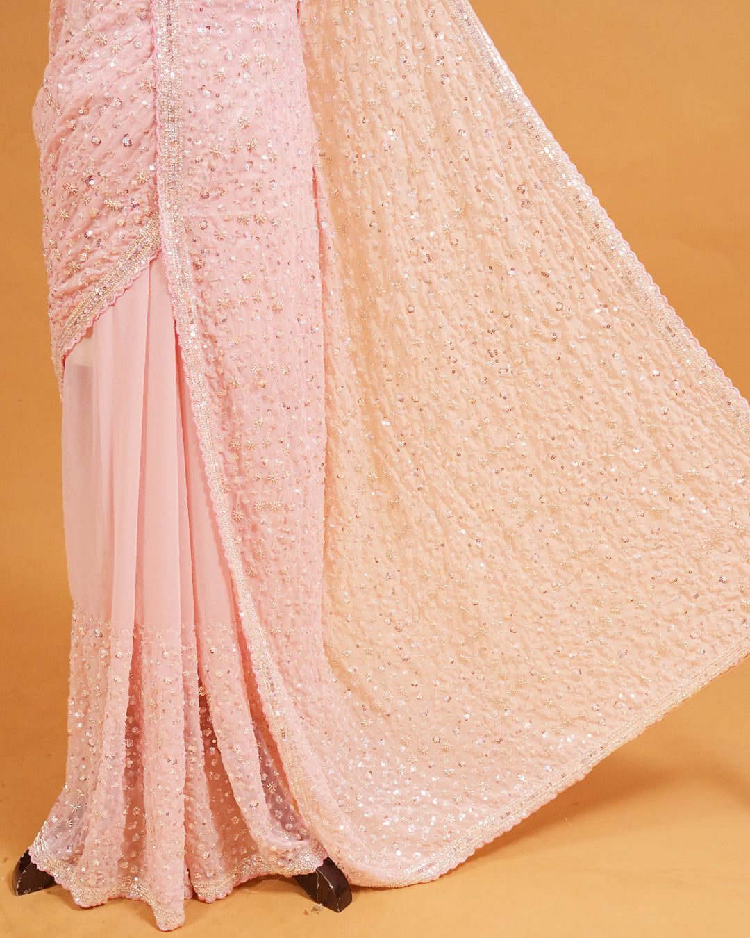 Baby Pink colour Organza saree with Cut Beats & Sequins.