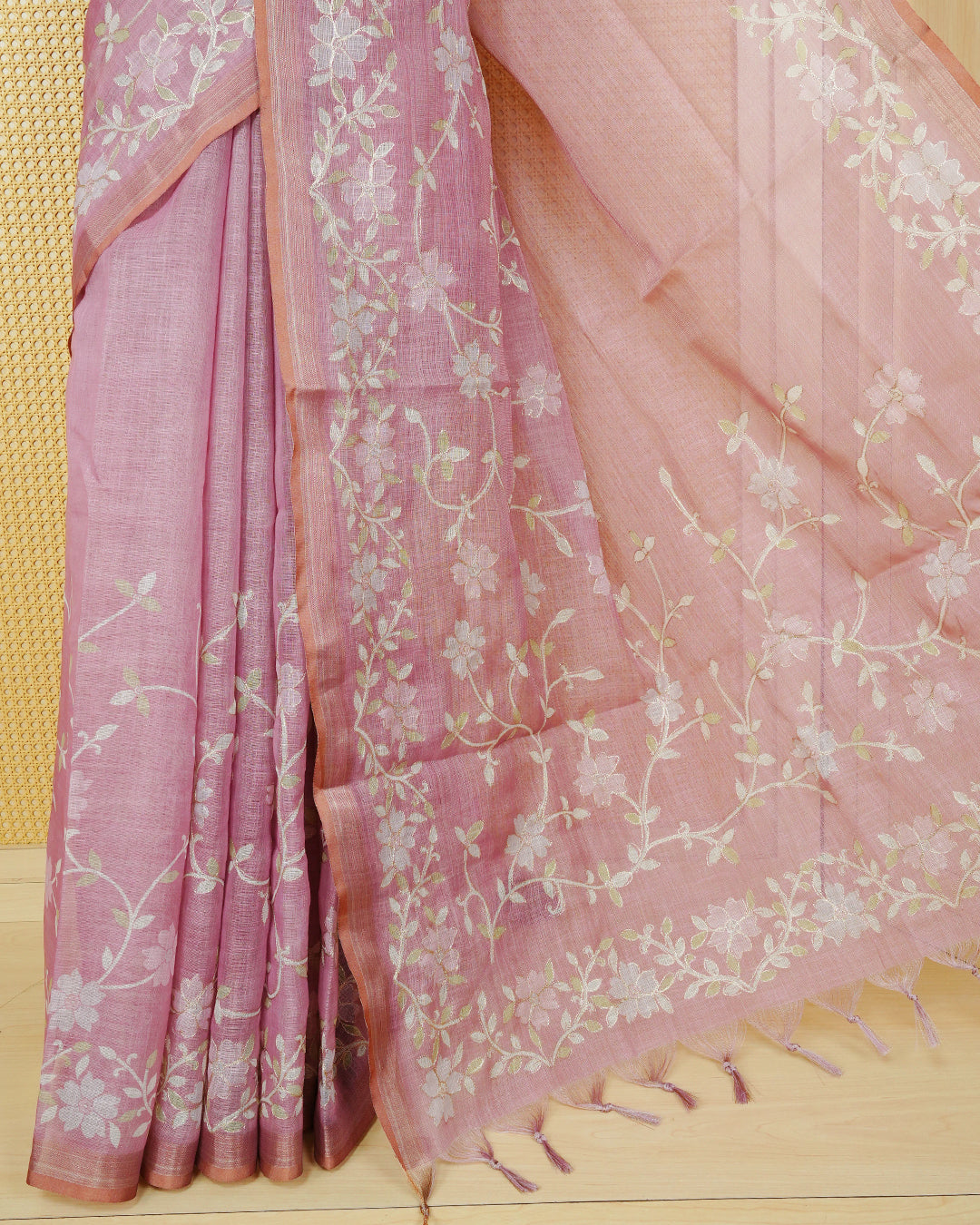 Onion Pink colour linen tissue BKU inspired saree.