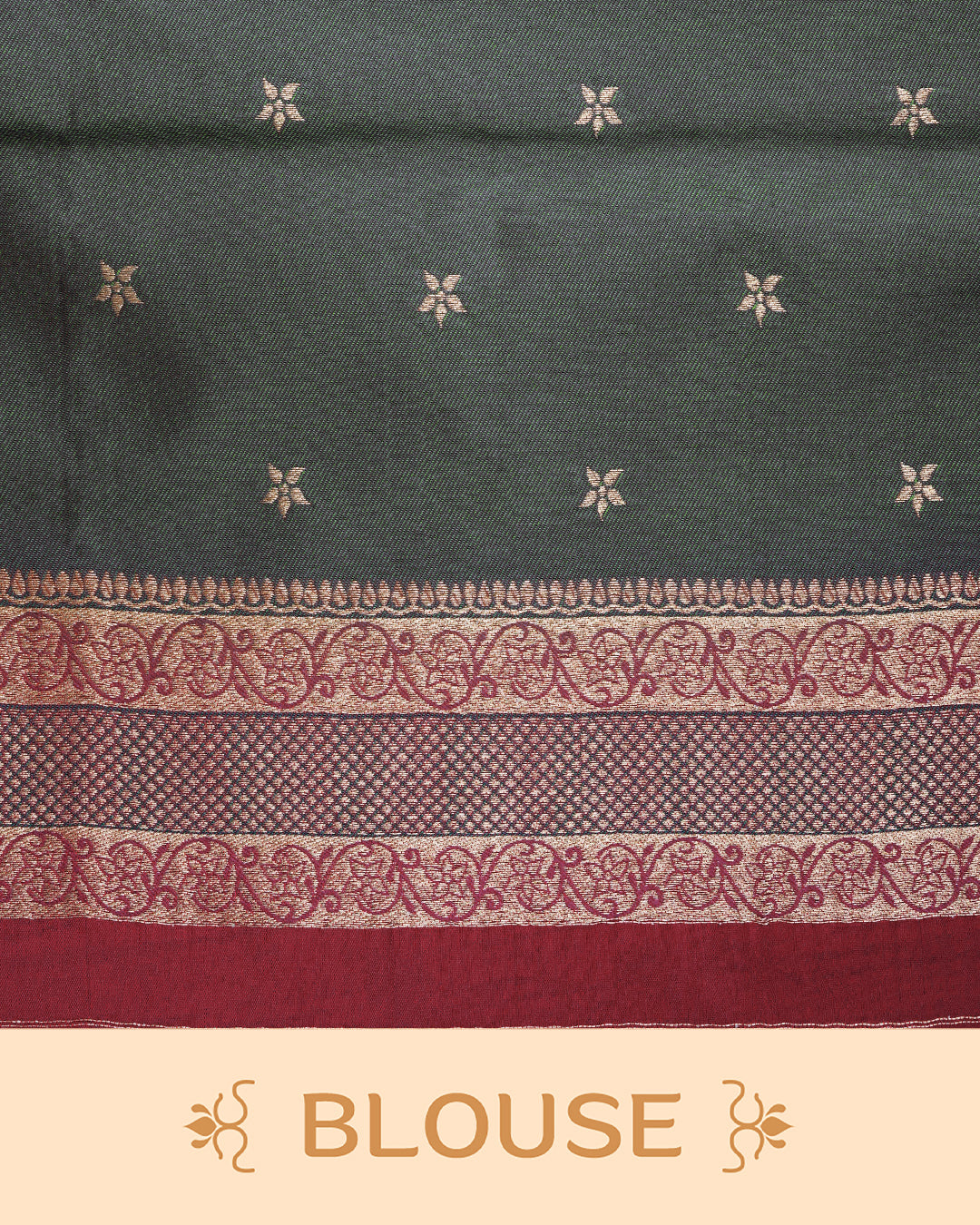 Red colour Mulberry silk saree featuring floral gold zari patterns on body, paired with contrast Green colour with traditional border, comes with matching blouse piece.
