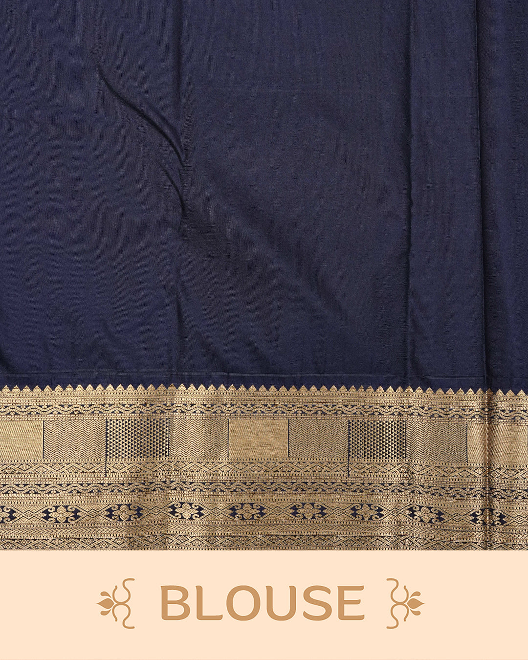 Navy Blue colour semi wedding saree featuring  gold zari Floral kodi  Pattern on body, contrast Self colour with traditional border, paired with matching blouse piece.