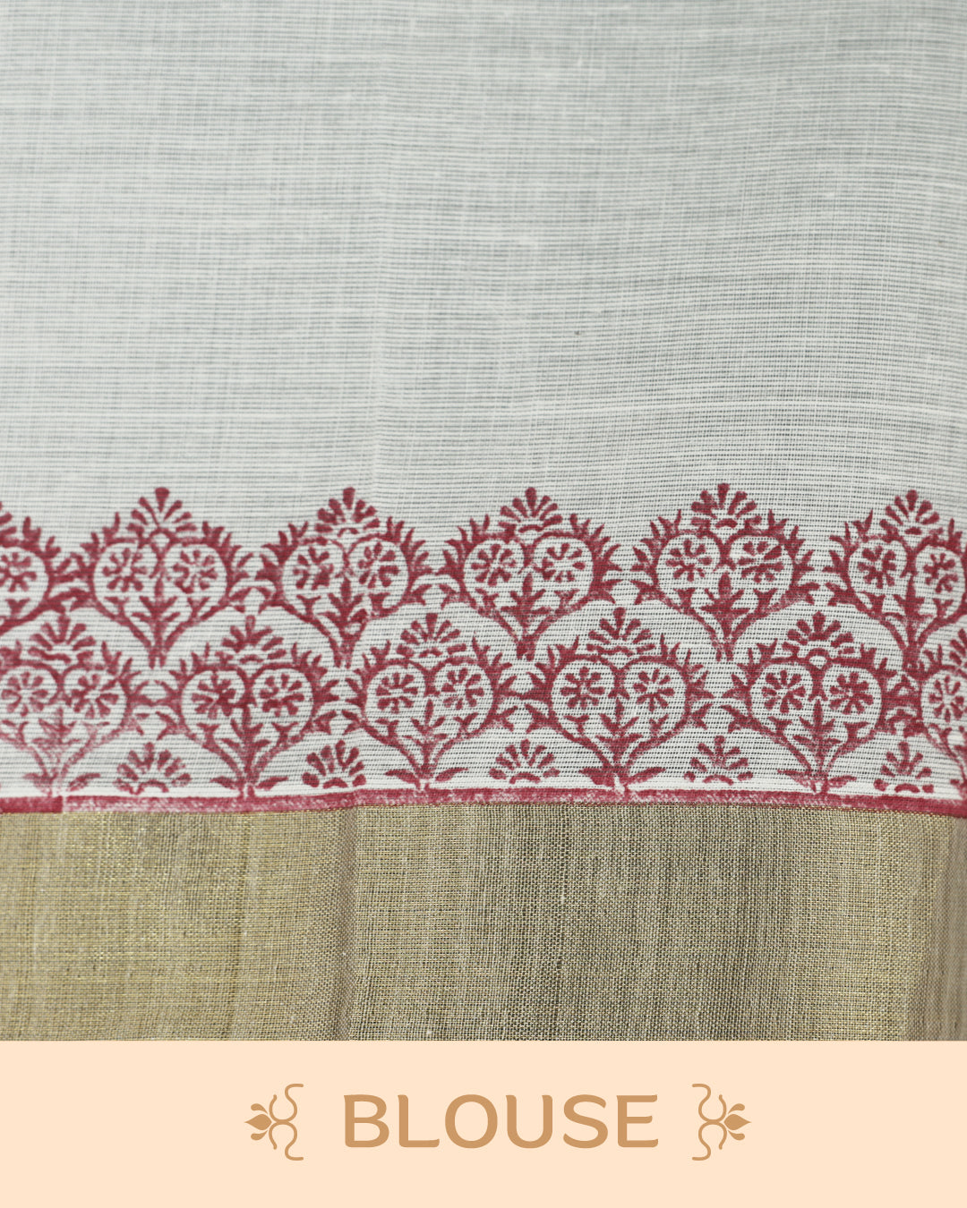 Cream colour Cotton kerala saree featuring Swan Print on the body, complemented by a gold zari with print on Border, paired with a matching blouse piece.