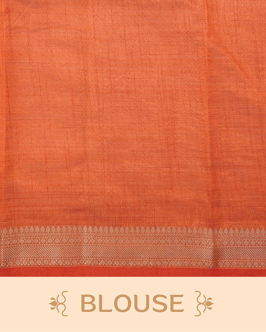 Cream colour Semi Tussar silk saree featuring an elegant plain body, accentuated by a contrast Orange border adorned with intricate gold zari work, paired with a matching blouse piece.