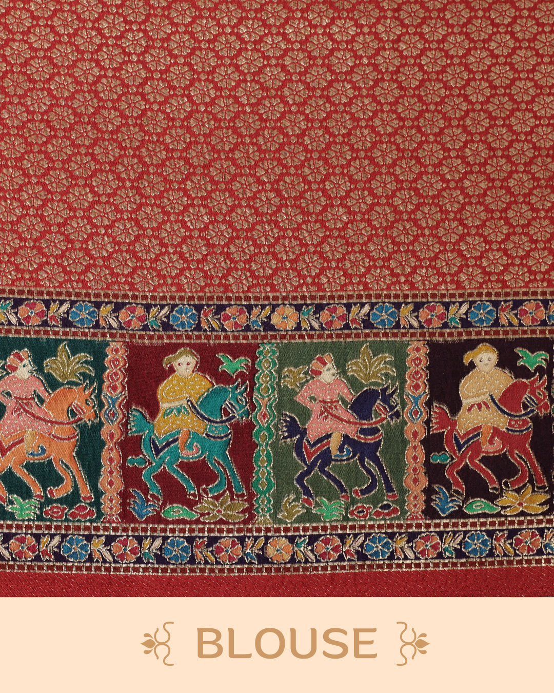 Mustard Colour Pashmina Saree featuring Plain body, complemented by Contrast Red colour with Man With Horse pattern & gold zari on border and Pallu, comes with matching blouse piece.
