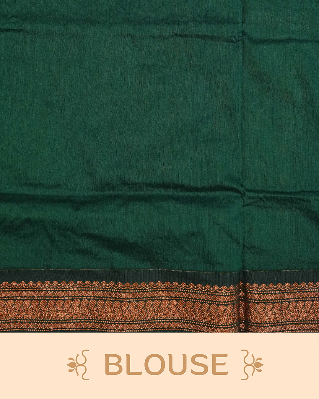 Orange  colour kalyani cotton saree featuring gold zari Motifs on body, complemented by Green colour with Gold zari border, paired with matching blouse piece