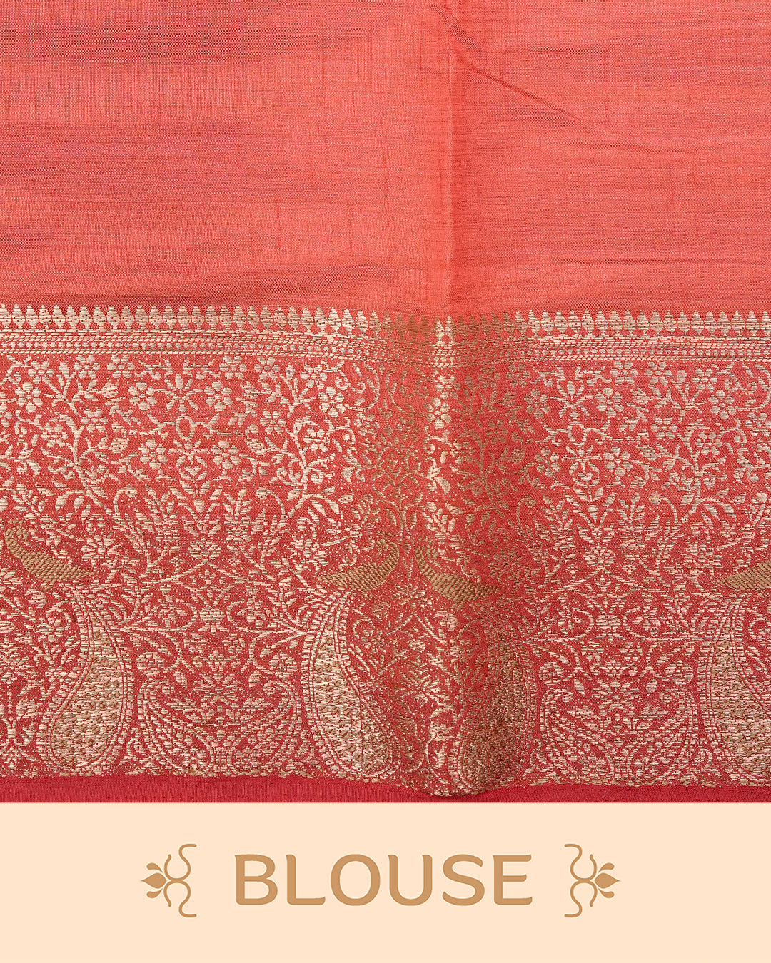 Light gold tussar saree featuring Elegant plain body, complemented by contrast Red colour with Gold zari Floral kodi with Peacock Pattern border, comes with matching blouse piece.
