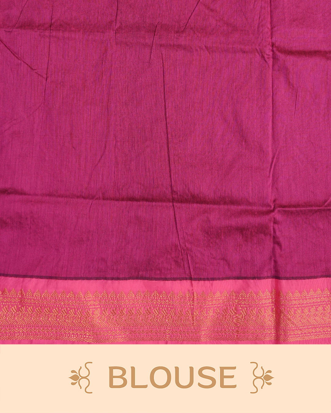 Navy Blue colour Kalyani cotton saree featuring delicate antique zari floral butta motifs on the body, complemented by a Magenta contrast pallu with a rich antique zari peacock border, paired with a matching Magenta blouse piece