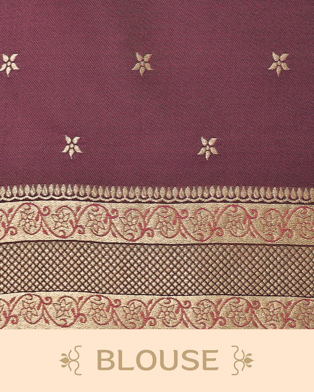 Copper & gold double shade Mulberry silk saree featuring floral gold zari patterns on body, paired with contrast purple colour with traditional border, comes with matching blouse piece.