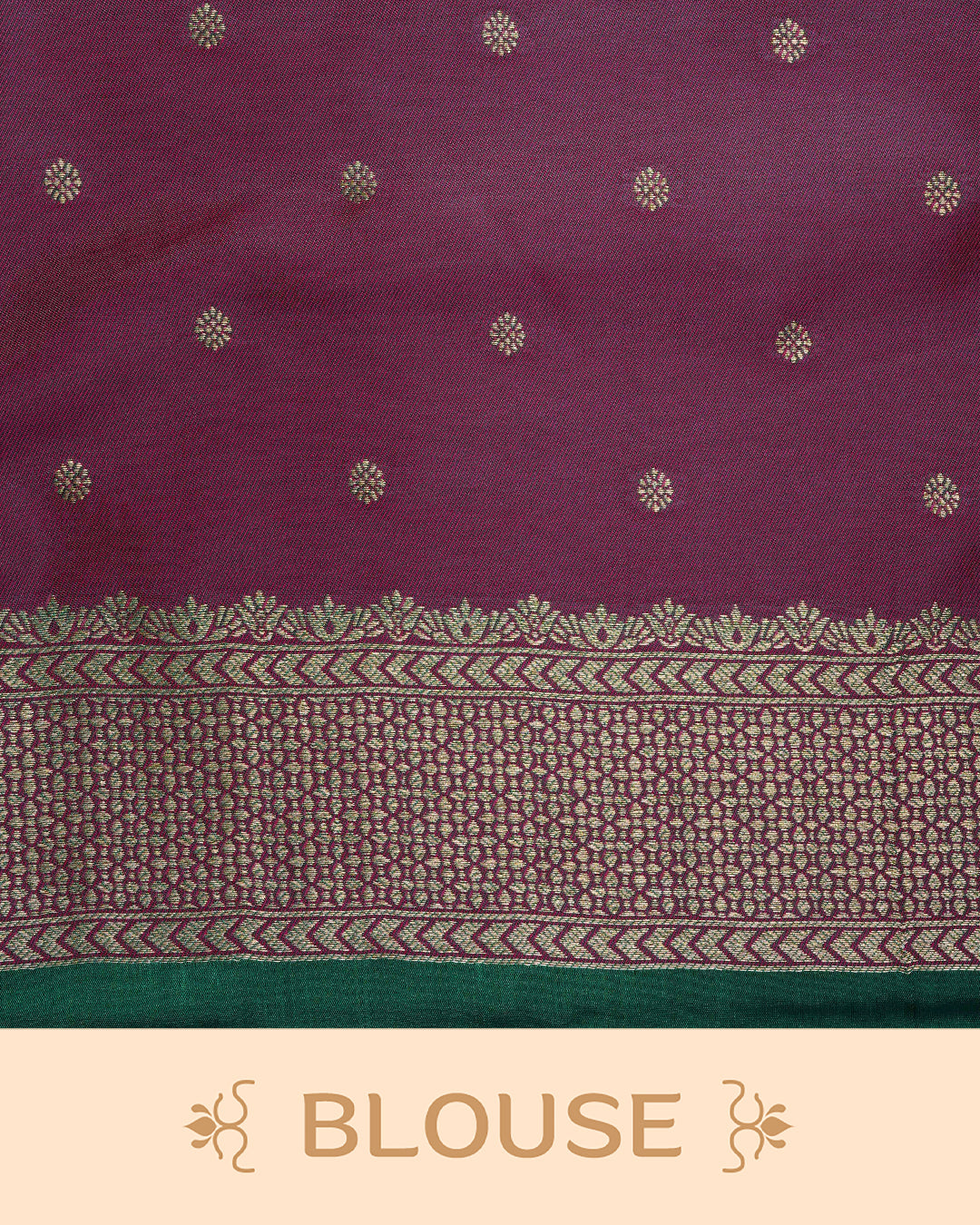 Green colour Mulberry silk saree featuring gold floral zari patterns on body, paired with contrast maroon colour with traditional border, comes with matching blouse piece.