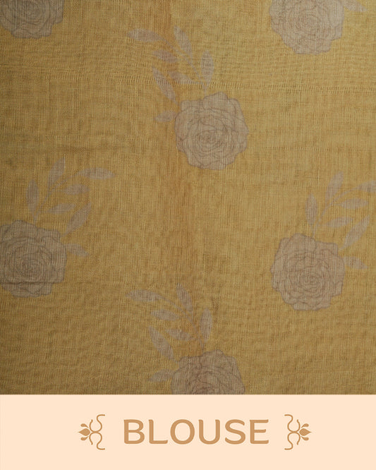 Yellow colour Semi tissue saree featuring elegant Rose print with delicate Mirror Work, beautiful Scallop border.
