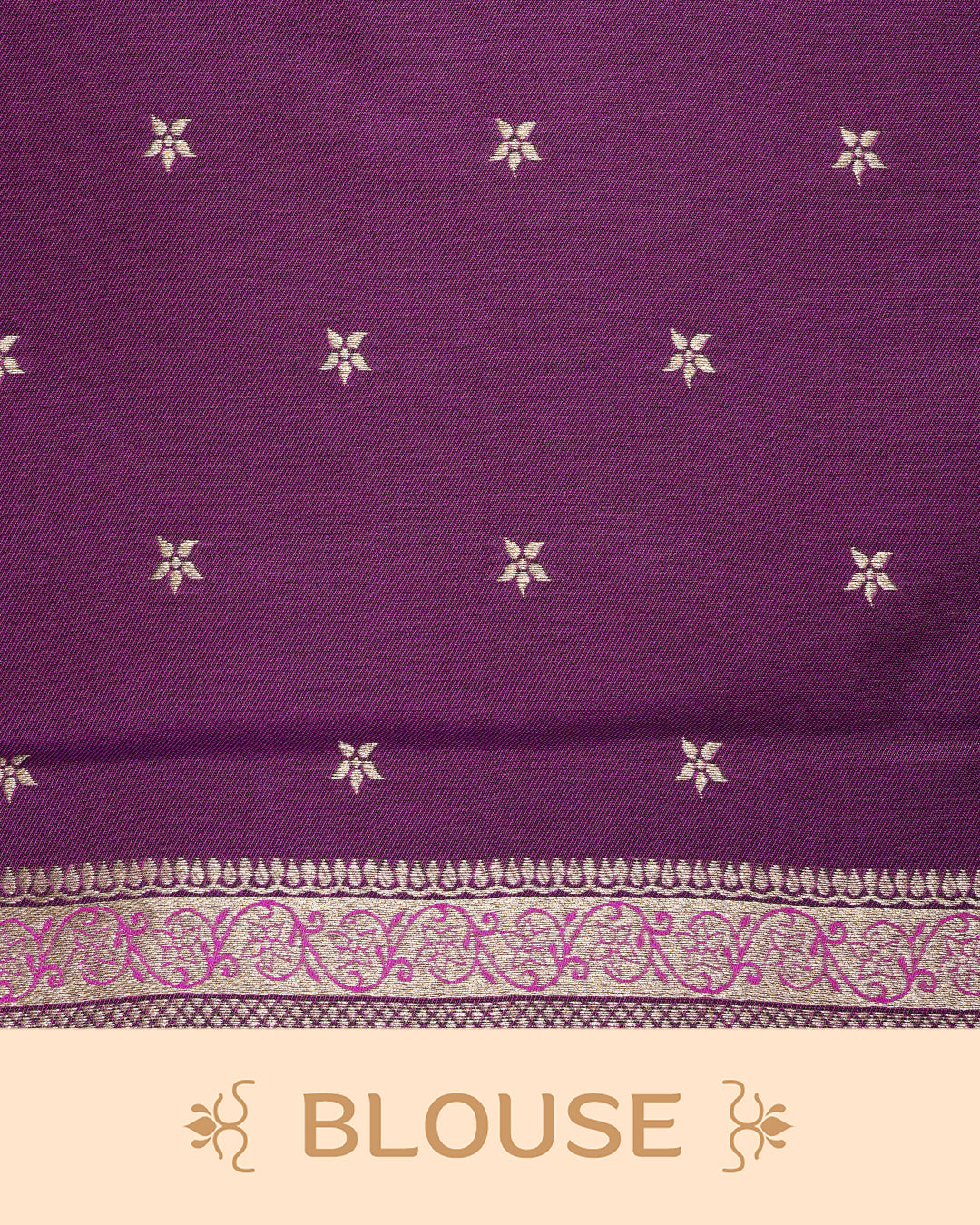 Peach & gold double shade Mulberry silk saree featuring gold floral zari patterns on body , paired with contrast purple colour with traditional border, comes with matching blouse piece.