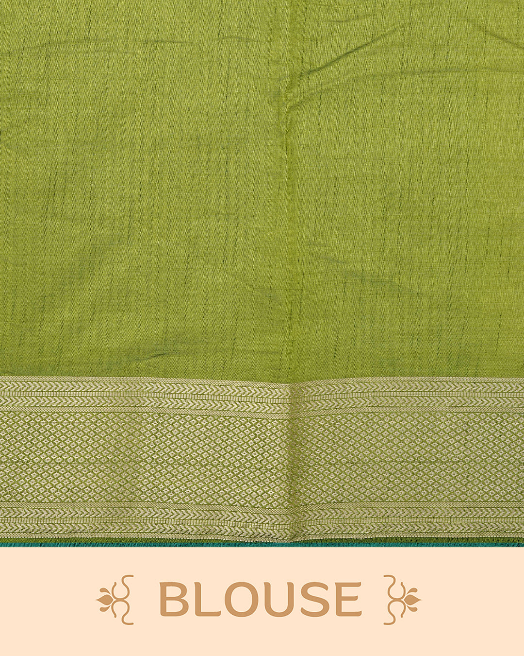 Light gold colour Semi Tussar silk saree featuring an elegant plain body, accentuated by a contrast Light green border adorned with intricate gold zari work, paired with a matching blouse piece.