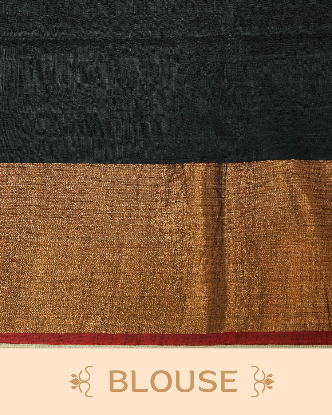 Black Colour  Mul Cotton Saree featuring an elegant plain body, complemented by a rich copper zari border and a maroon contrast pallu with red and black tassels.