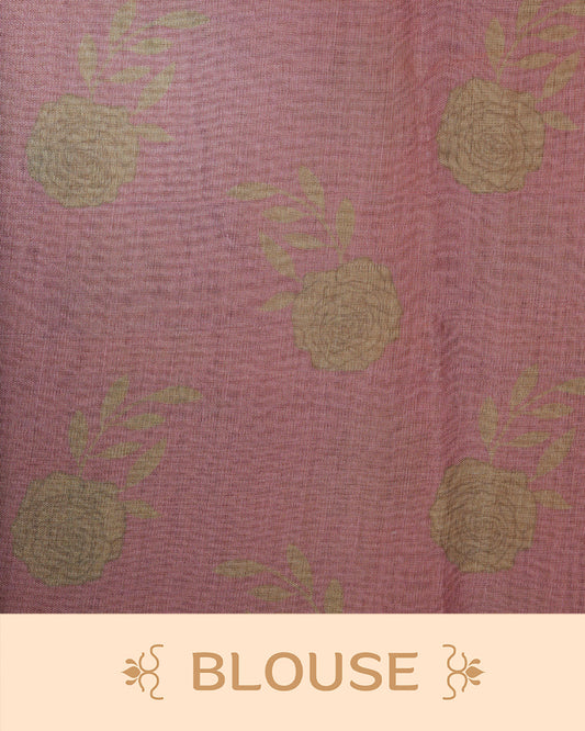 Pink colour Semi tissue saree featuring elegant Rose print with delicate Mirror Work, beautiful Scallop border.