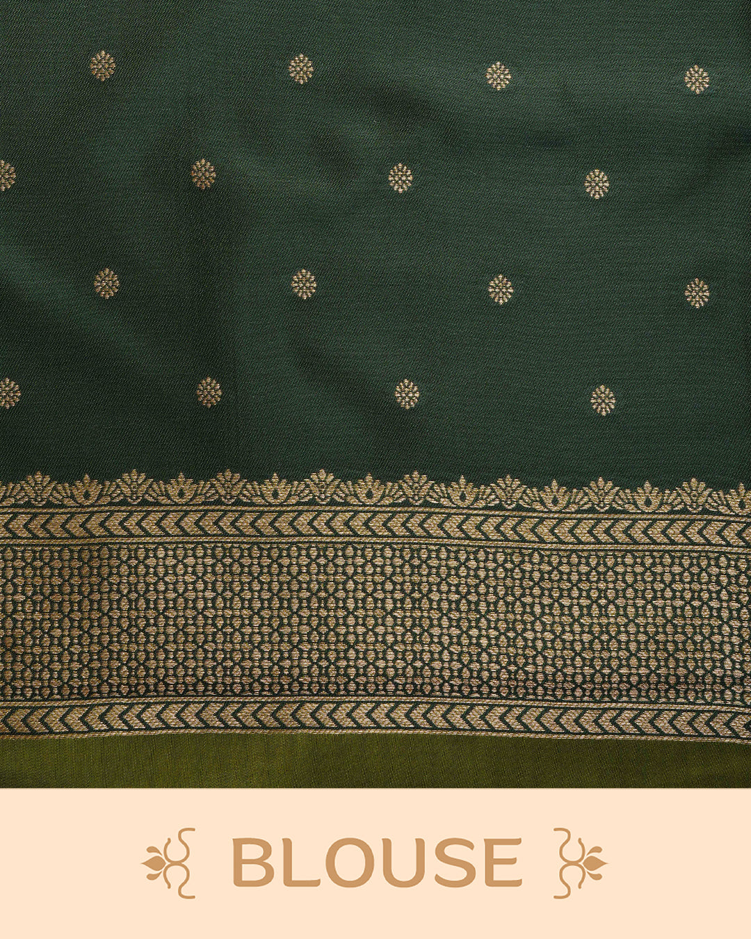 Olive colour Mulberry silk saree featuring floral gold zari patterns on body, paired with contrast bottle green colour with traditional border, comes with matching blouse piece.