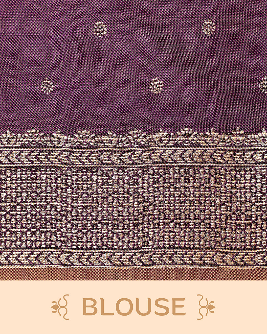 Brownze & gold double shade Mulberry silk saree featuring floral gold zari patterns on body, paired with contrast purple colour with traditional border, comes with matching blouse piece.