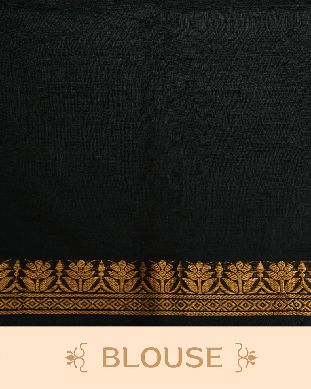 Black Colour Mul Cotton Saree featuring a plain body, complemented by a copper zari border and black tassels.