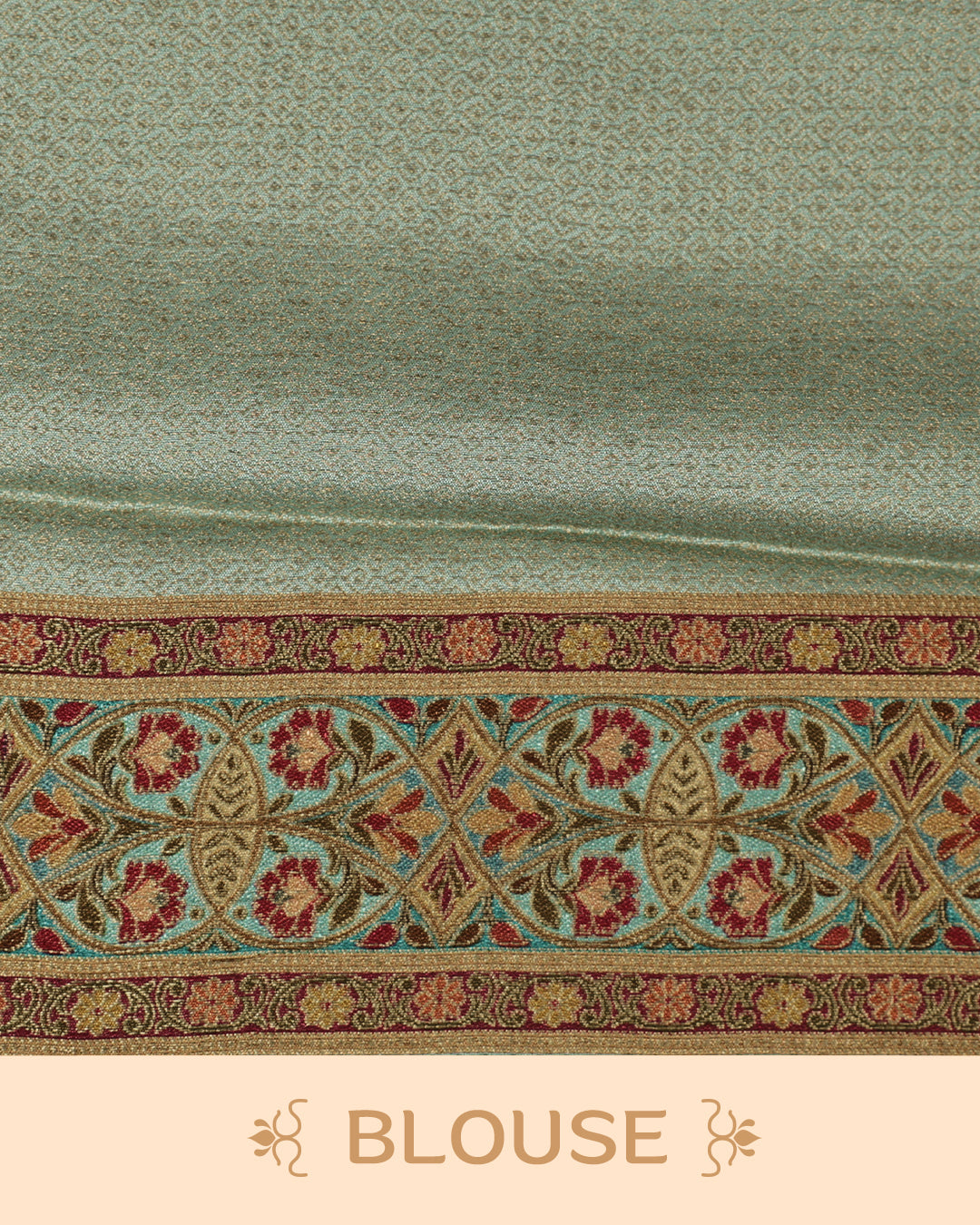 Mint Colour Pashmina Saree featuring a Patterned body, complemented by Self colour with Floral pattern & gold zari on border and Pallu, comes with matching blouse piece.
