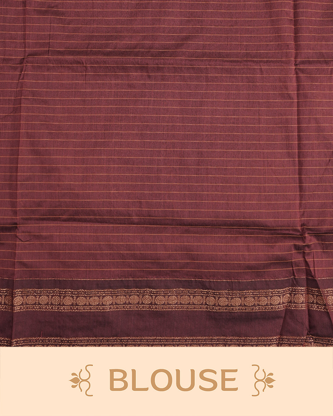 Dark Brown colour kalyani cotton saree featuring gold zari check pattern on body, complemented by Self colour with Antique zari border, paired with matching blouse piece