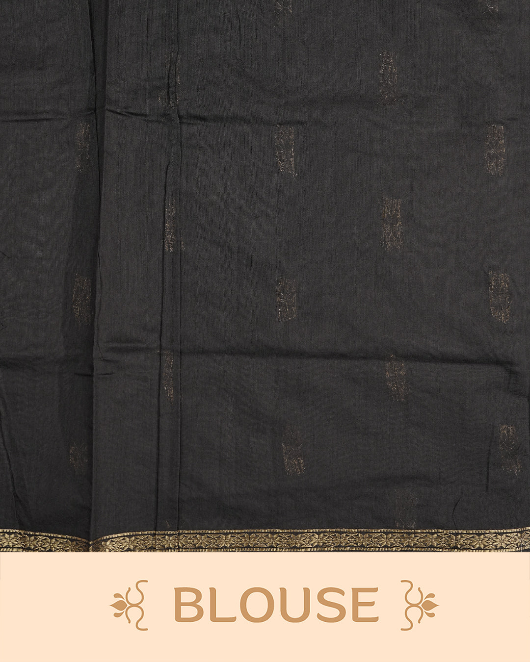 Dark Brown colour kalyani cotton saree featuring gold zari Floral pattern on body, complemented by Black colour with Stripes & Floral Gold zari border, paired with matching blouse piece