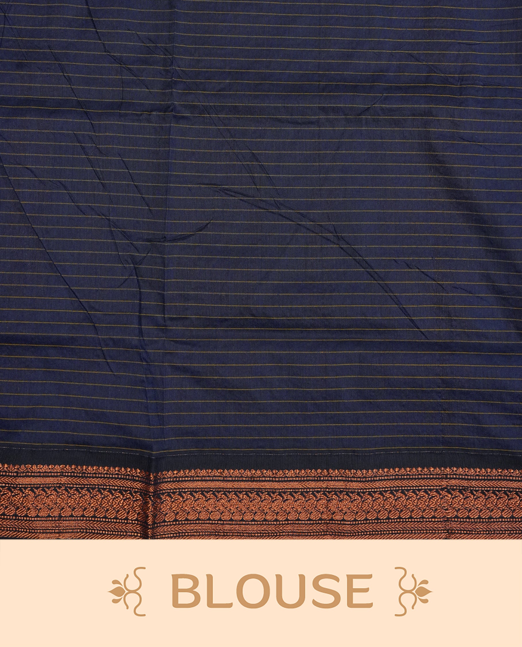 Mustard colour kalyani cotton saree featuring Copper zari check pattern on body, complemented by Navy Blue colour with Antique Copper zari border, paired with matching blouse piece