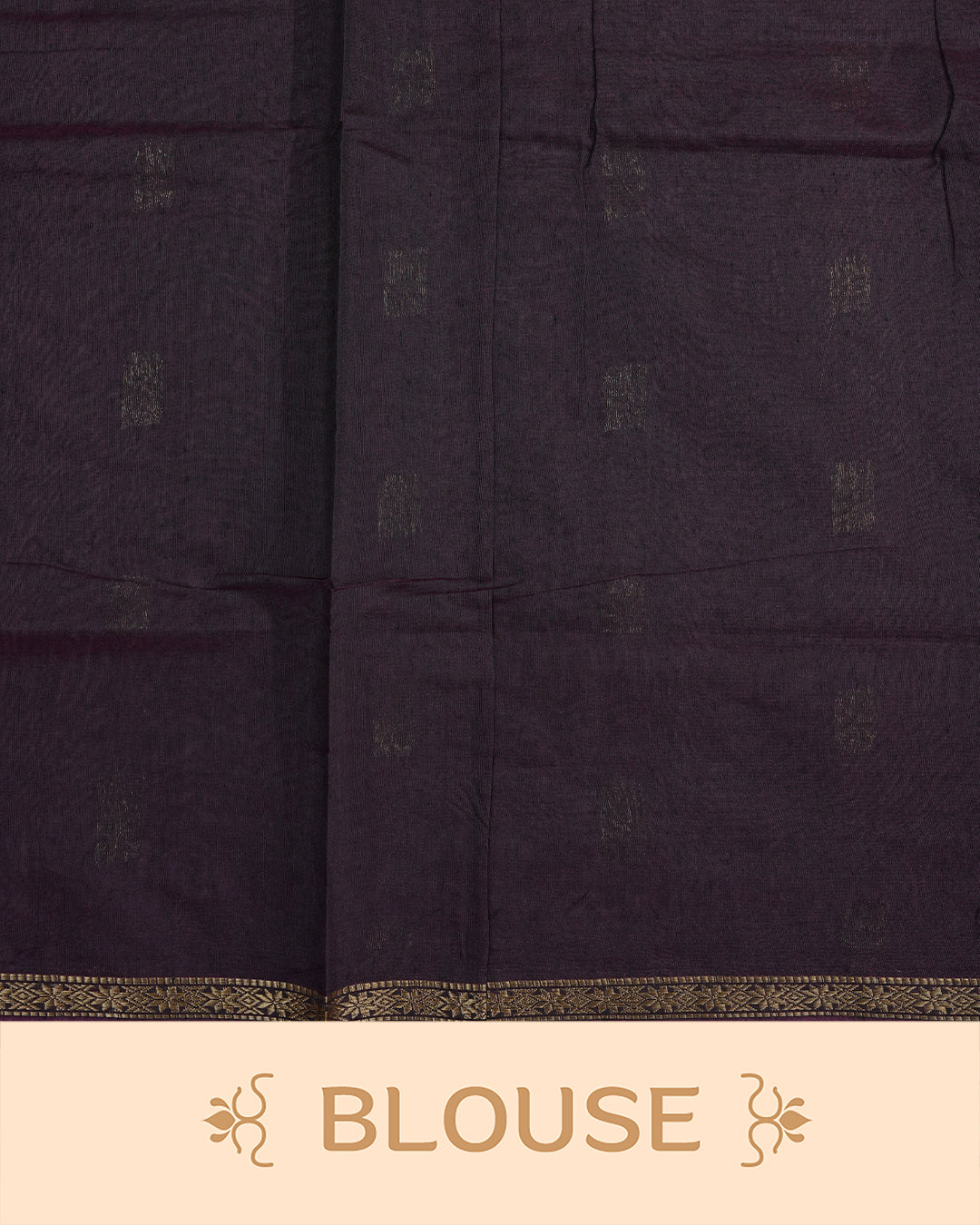 Bluish Grey Colour Kalyani Cotton Saree Featuring Gold Zari Floral Patterns on the Body, Complemented by a Dark Wine Colour Border with Stripes & Floral Gold Zari, Paired with a Matching Blouse Piece.