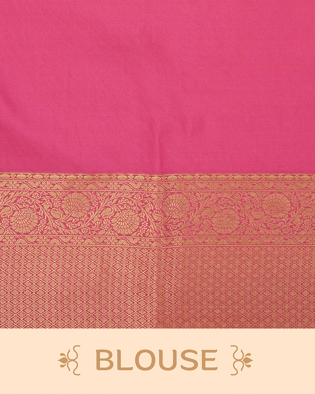 Cream colour semi wedding saree featuring gold zari Pattern on body, contrast Pink colour with traditional border, paired with matching blouse piece.