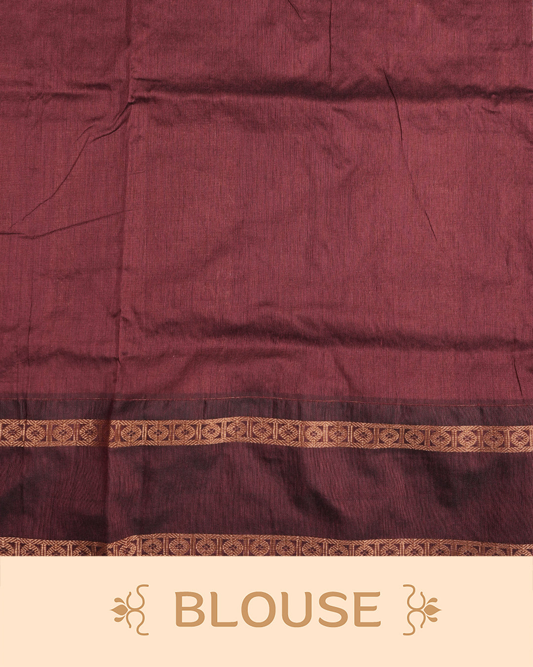 Navy Blue colour kalyani cotton saree featuring Copper zari check pattern on body, complemented by Maroon colour with Antique zari border, paired with matching blouse piece