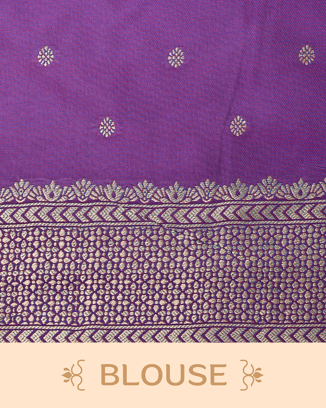 Teal colour Mulberry silk saree featuring floral gold zari patterns on body, paired with contrast Purple colour with traditional border, comes with matching blouse piece.