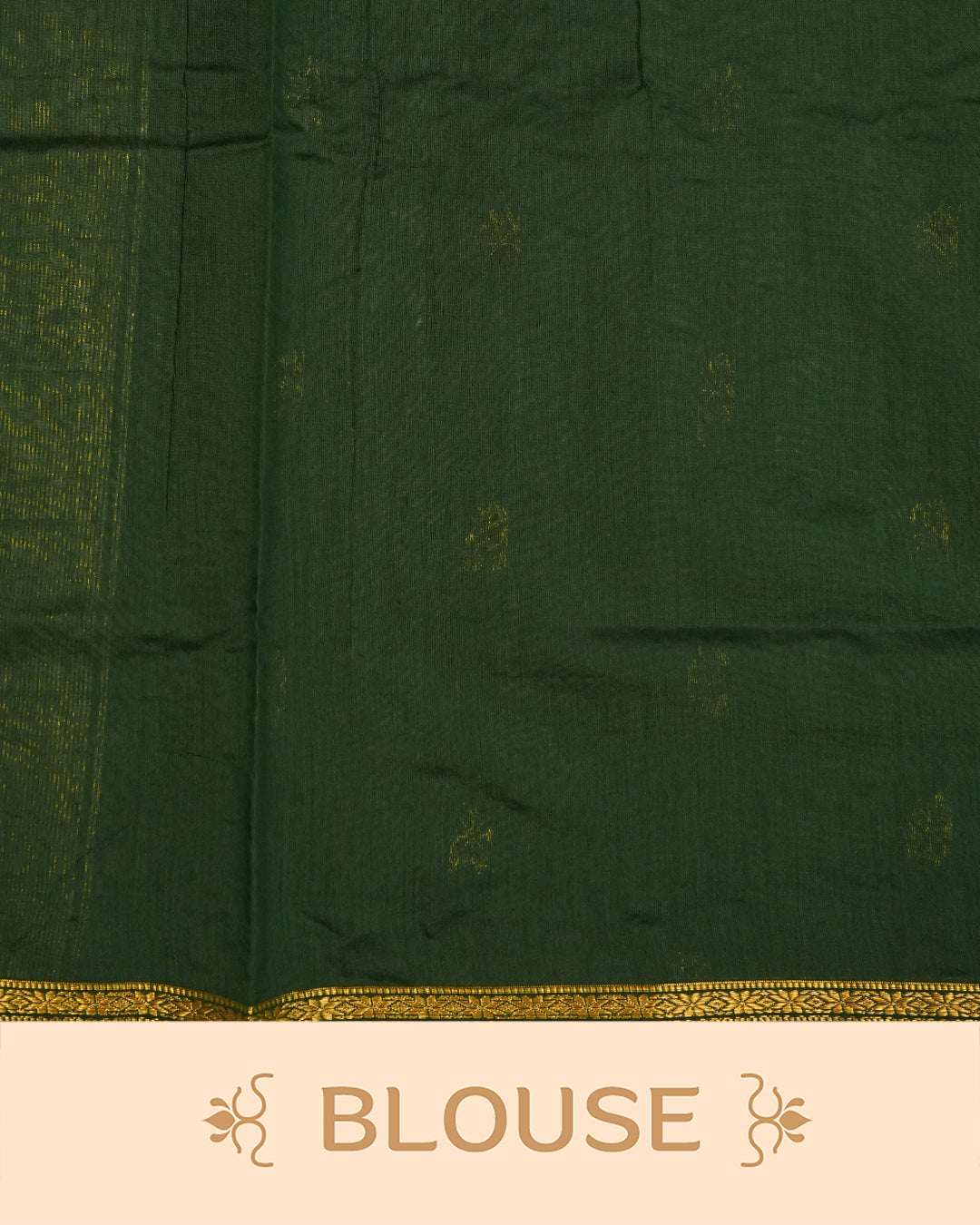 Dark Mustard  colour kalyani cotton saree featuring gold zari Floral pattern on body, complemented by Green colour with Stripes & Floral Gold zari border, paired with matching blouse piece