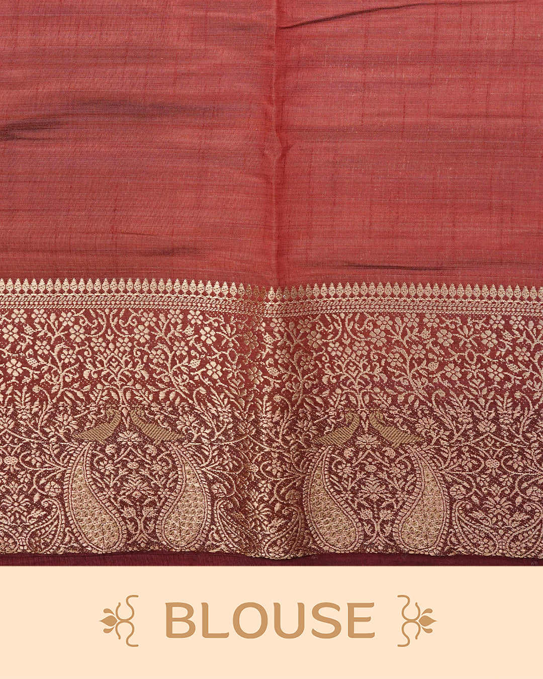 Light gold tussar saree featuring Elegant plain body, complemented by contrast Maroon colour with Gold zari Floral kodi with Peacock Pattern border, comes with matching blouse piece.