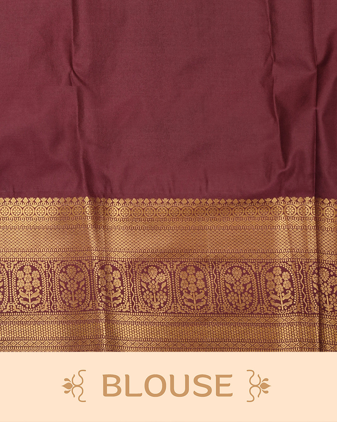 Cream colour semi wedding saree featuring gold zari Pattern on body, contrast  Dark Wine colour with traditional border, paired with matching blouse piece.