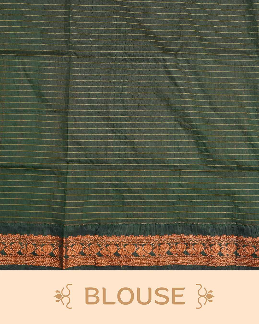 Orange colour kalyani cotton saree featuring Copper zari check pattern on body, complemented by Green colour with Antique zari border, paired with matching blouse piece