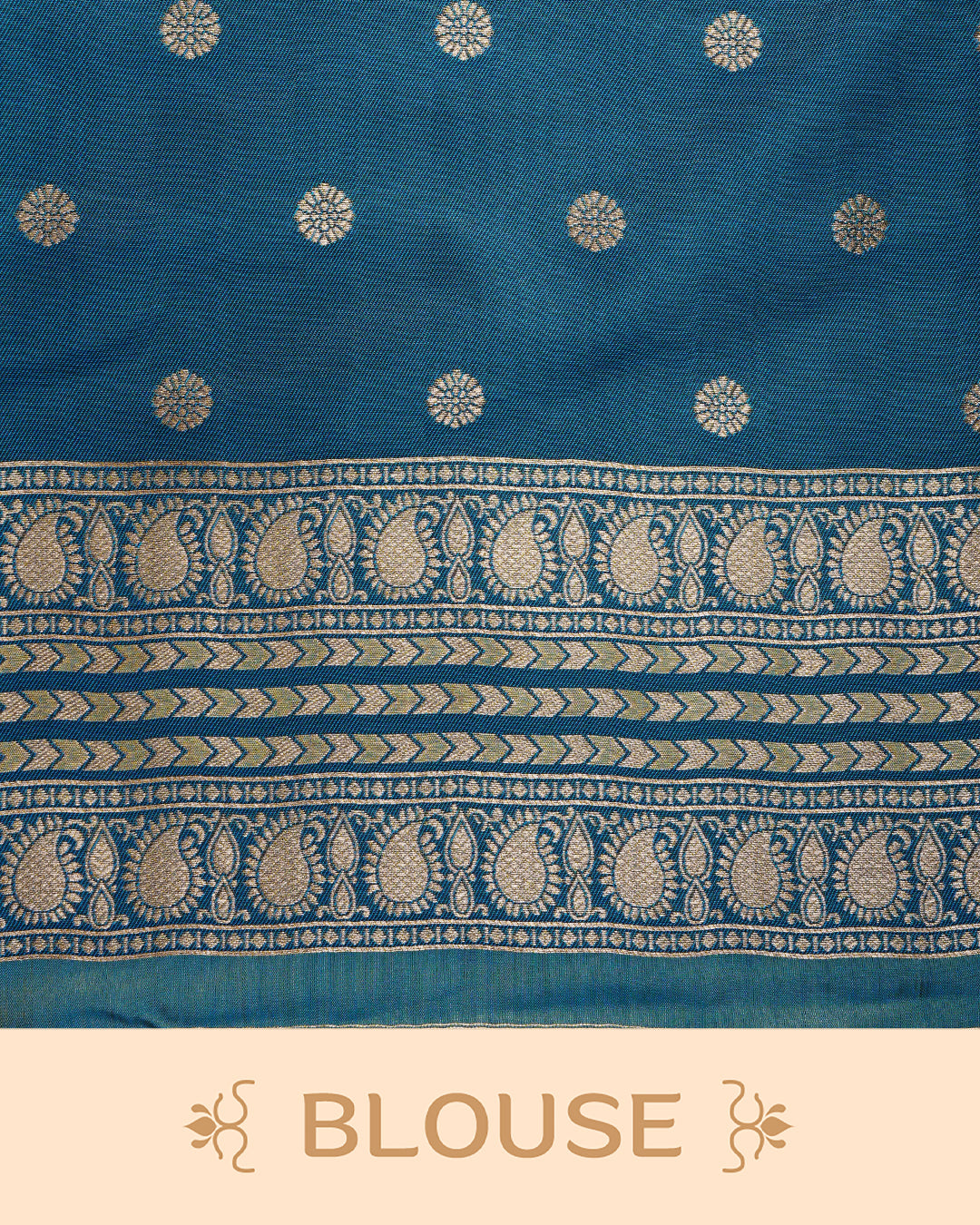Green & gold double shade Mulberry silk saree featuring floral gold zari patterns on body , paired with contrast teal colour with traditional border, comes with matching blouse piece.