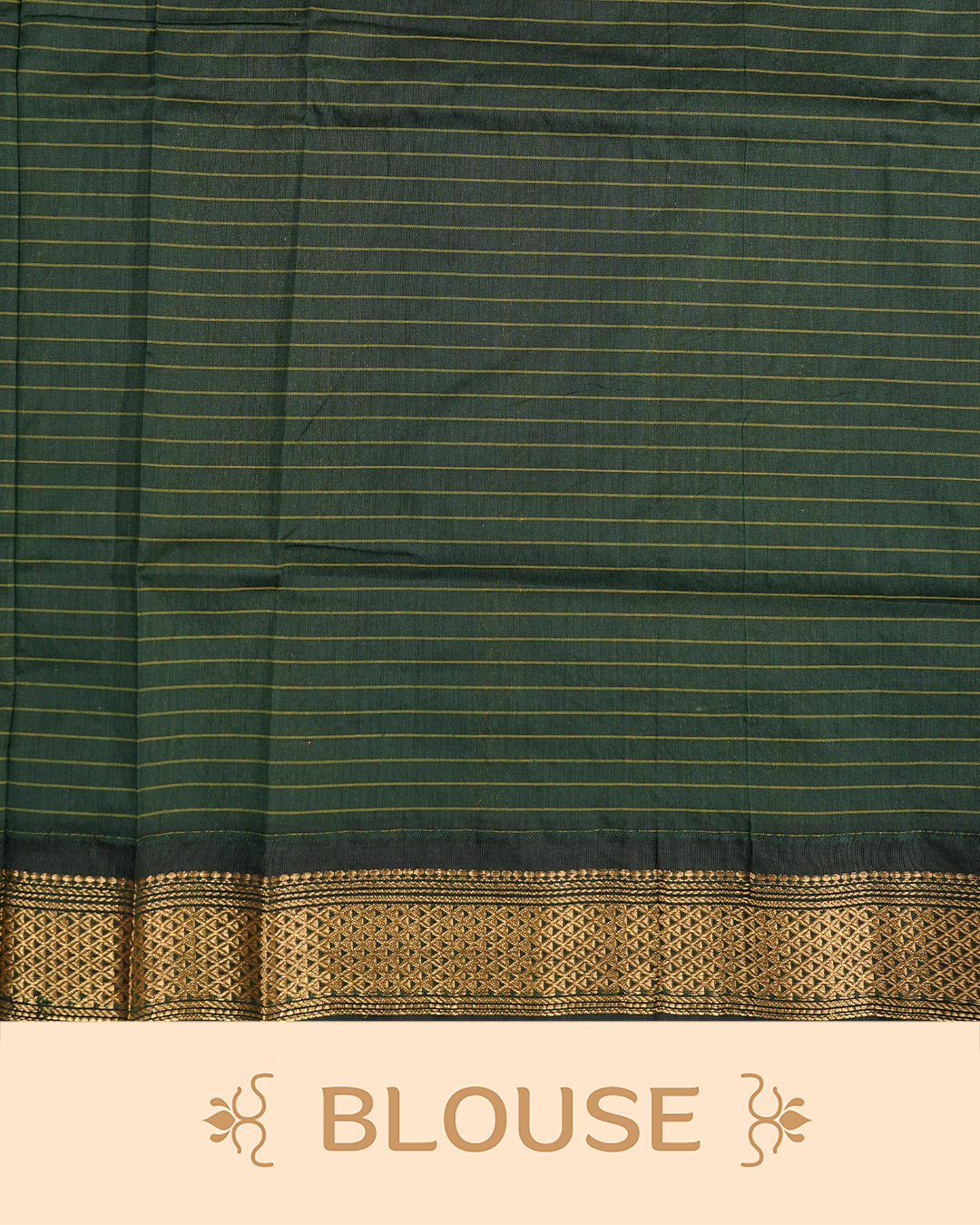 Orange colour kalyani cotton saree featuring gold zari check pattern on body, complemented by Green colour with Antique zari border, paired with matching blouse piece