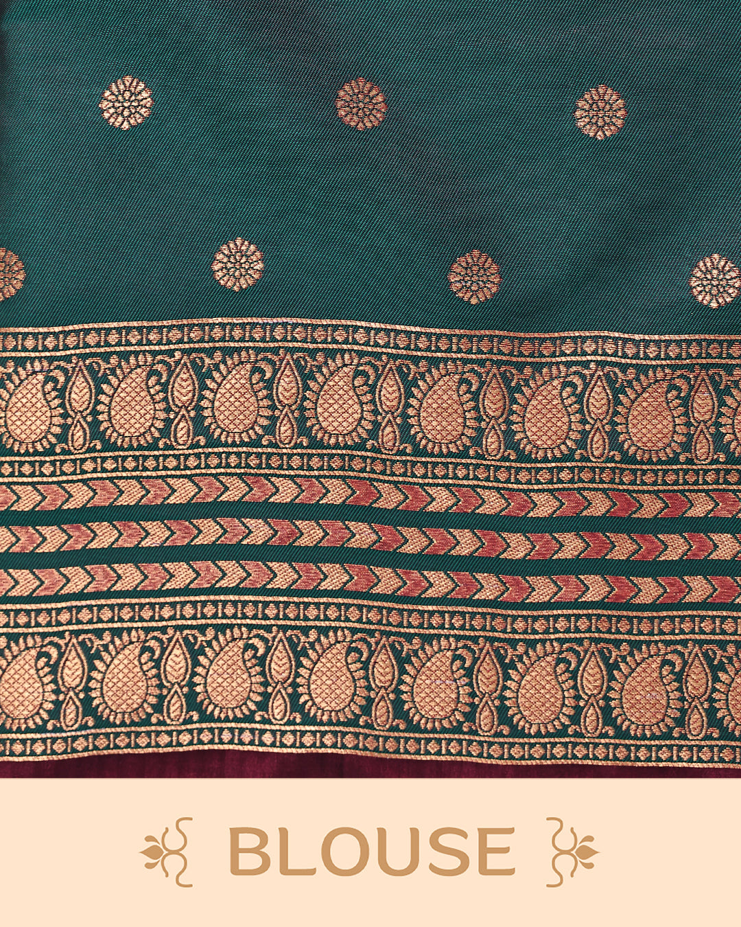 Maroon & gold double shade Mulberry silk saree featuring floral gold zari patterns on body, paired with contrast green colour with traditional border, comes with matching blouse piece.