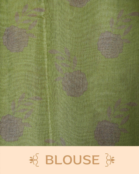 Green colour Semi tissue saree featuring elegant Rose print with delicate Mirror Work, beautiful Scallop border.