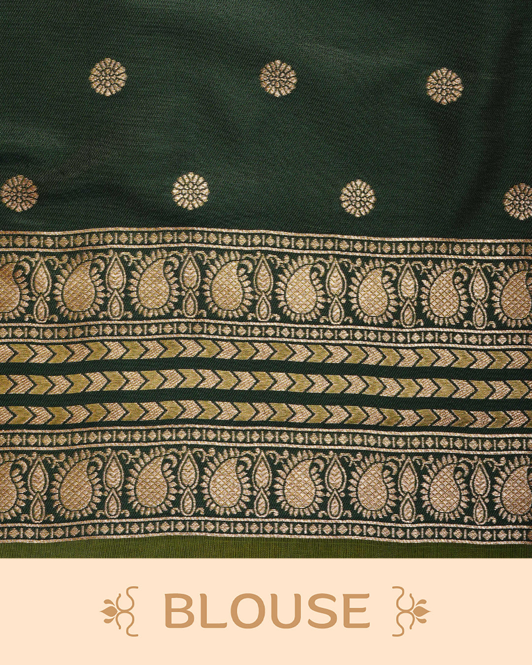 Olive & gold double shade Mulberry silk saree featuring gold floral zari patterns on body , paired with contrast forest green colour with traditional border, comes with matching blouse piece.