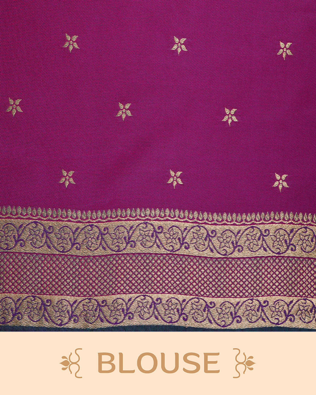 Green colour Mulberry silk saree featuring gold floral zari patterns on body, paired with contrast magenta colour with traditional border, comes with matching blouse piece.