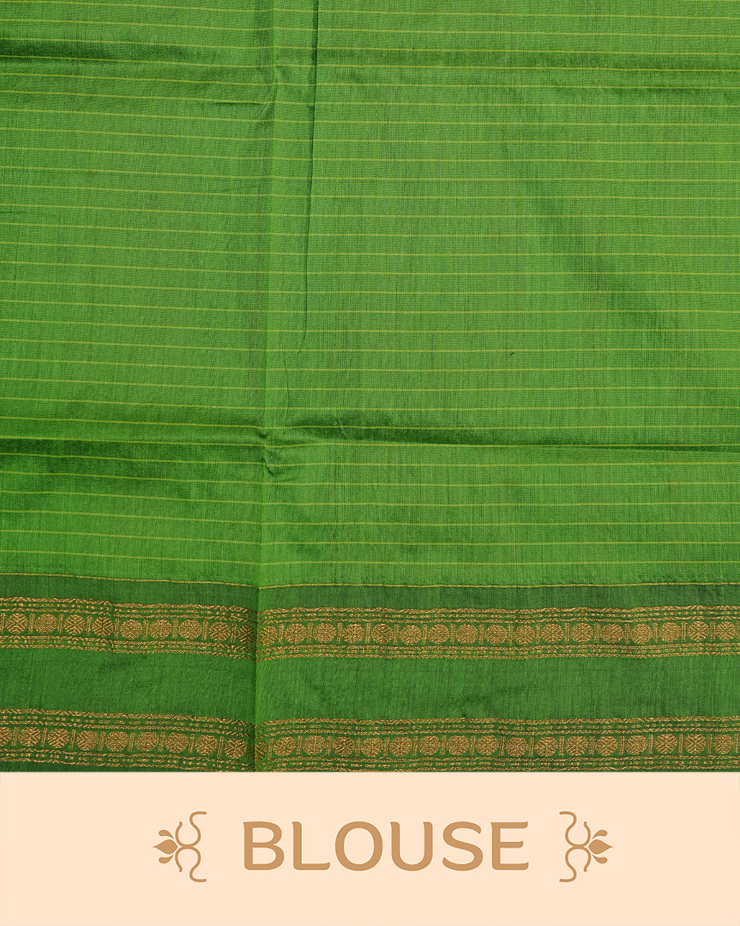 Green colour kalyani cotton saree featuring zari check pattern on body, complemented by Contrast colour with Antique zari border, paired with matching blouse piece