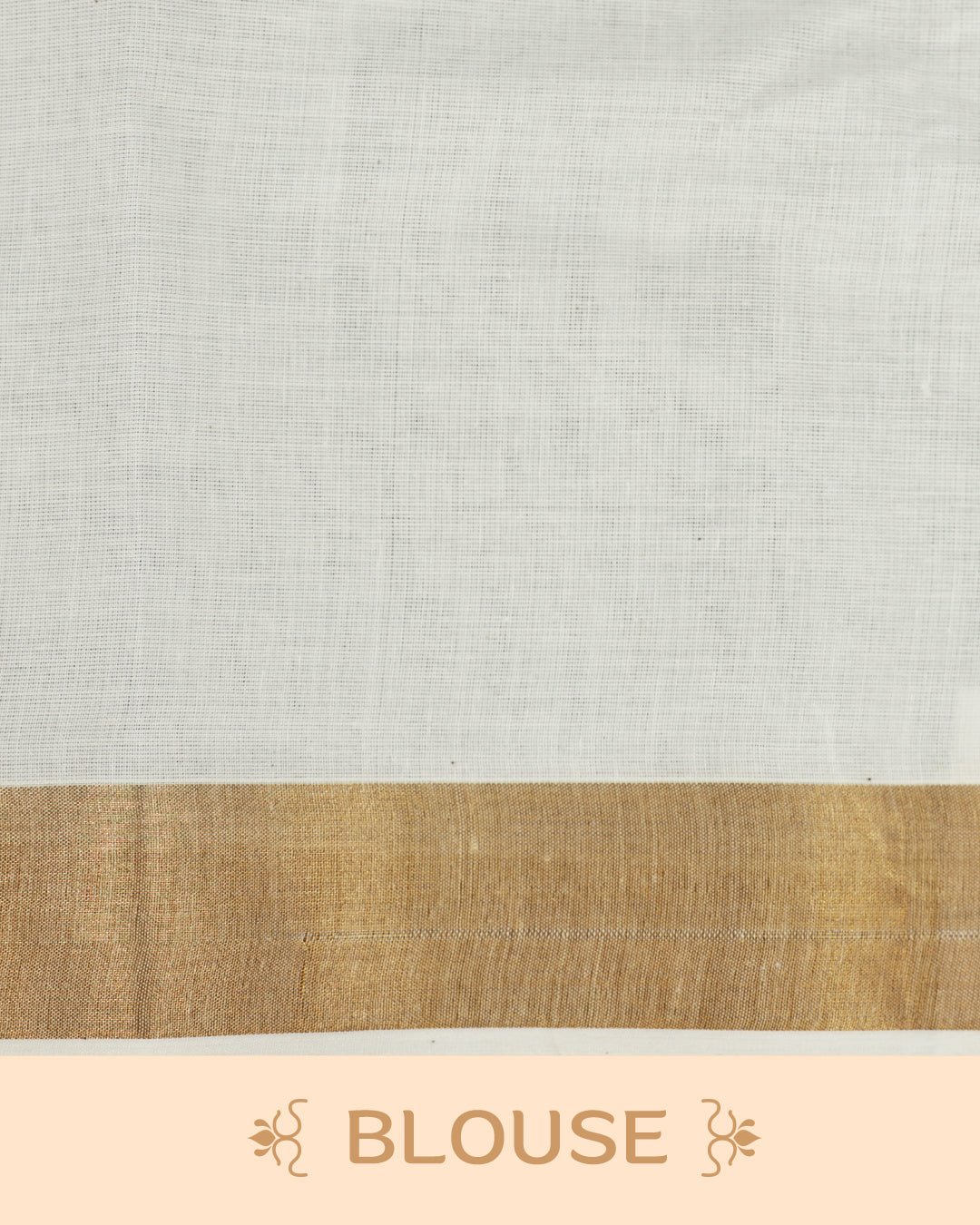 Cream colour Kerala saree Featuring an Elegant plain body, complemented by a classic gold zari with Indian art form print on border, matching blouse piece.